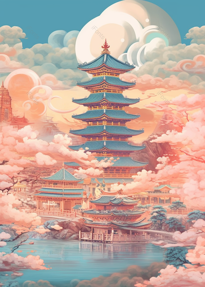 国潮古风插画湖边古代建筑山水图背景,插画/手绘图,插画/手绘图库,插画/手绘图下载,插画/手绘
